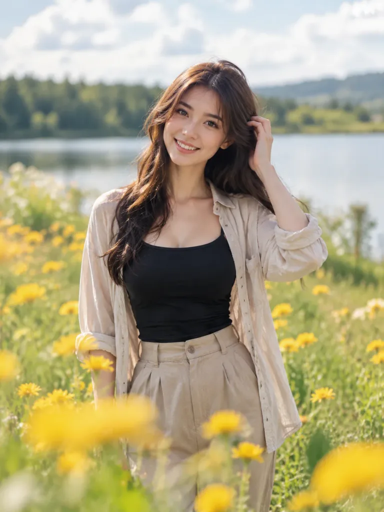 野花咲く草原の陽光ポートレート