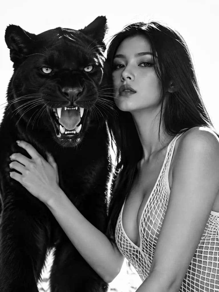 Monochrome Panther and Woman Editorial