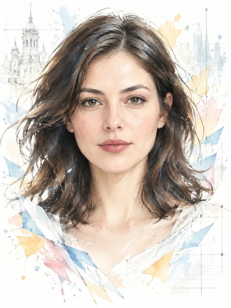 Architectural Sketch and Watercolor Portrait
