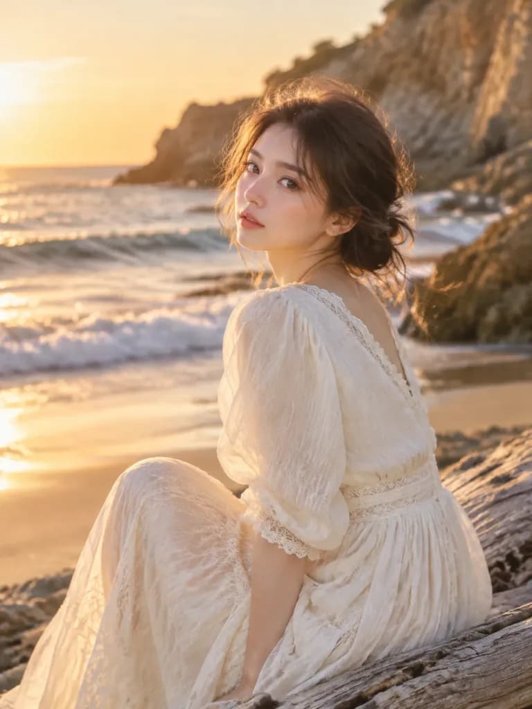 夕暮れ時のビーチサイド・エディトリアル・ポートレート