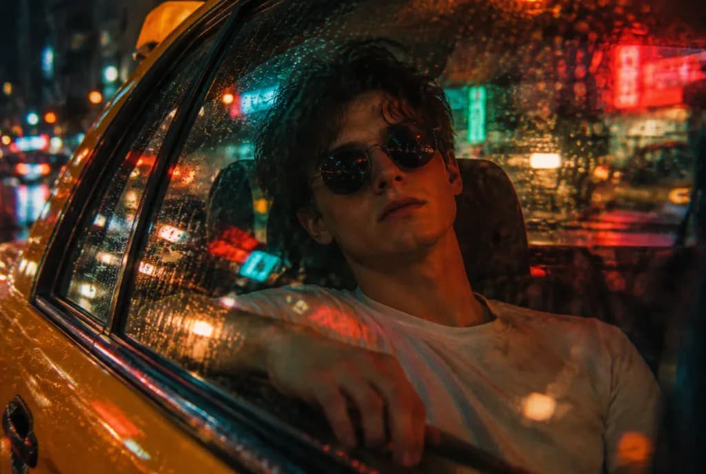 Cinematic Night Taxi Window Portrait