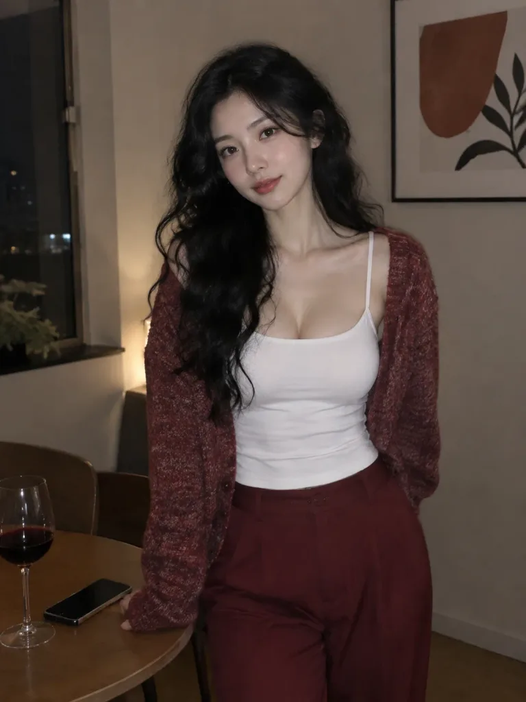 실내 이브닝 라운지웨어 인물 사진