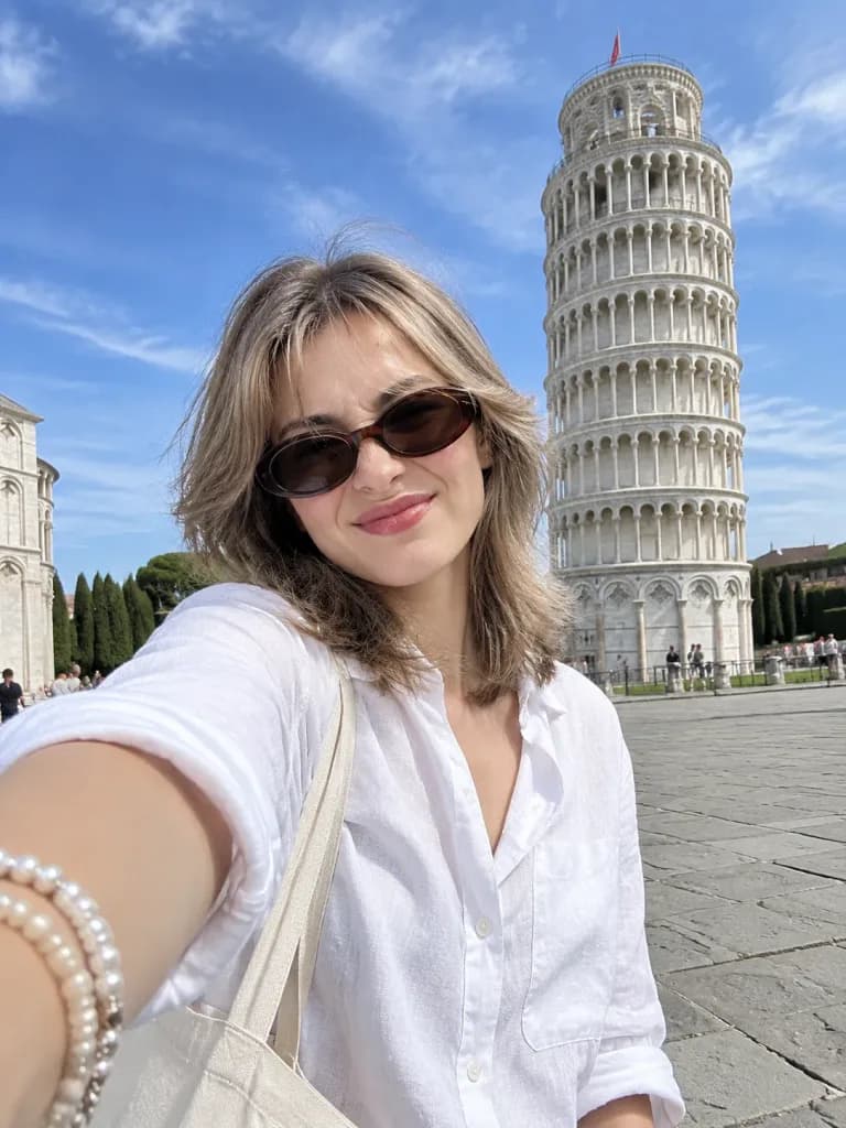 ピサの斜塔でのスマホ旅行セルフィー