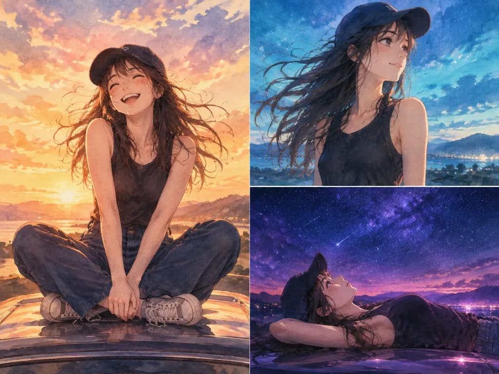 낮부터 밤까지 3분할 애니 수채화