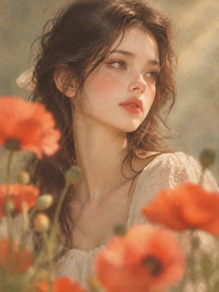 Soft Vintage Portrait with Foreground Flowers