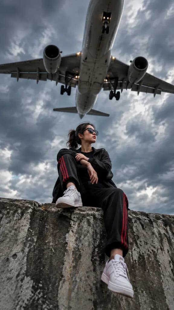 超低空飛行機の真下でのローアングルポートレート