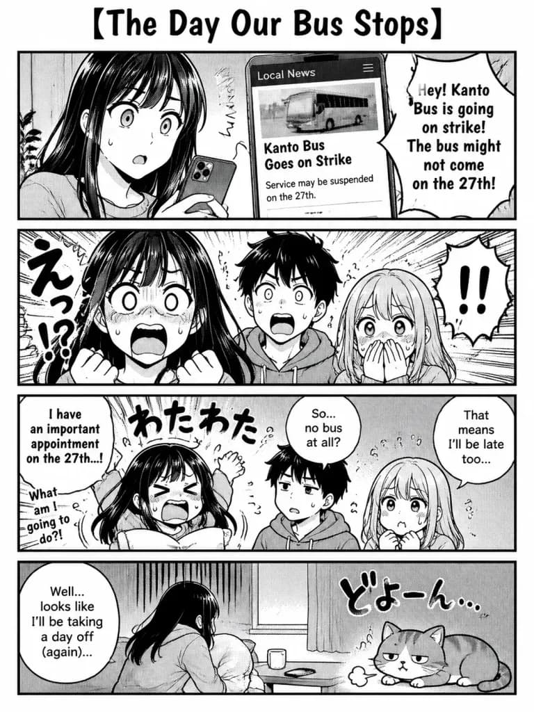 Four-Panel Bus Strike Manga Comic