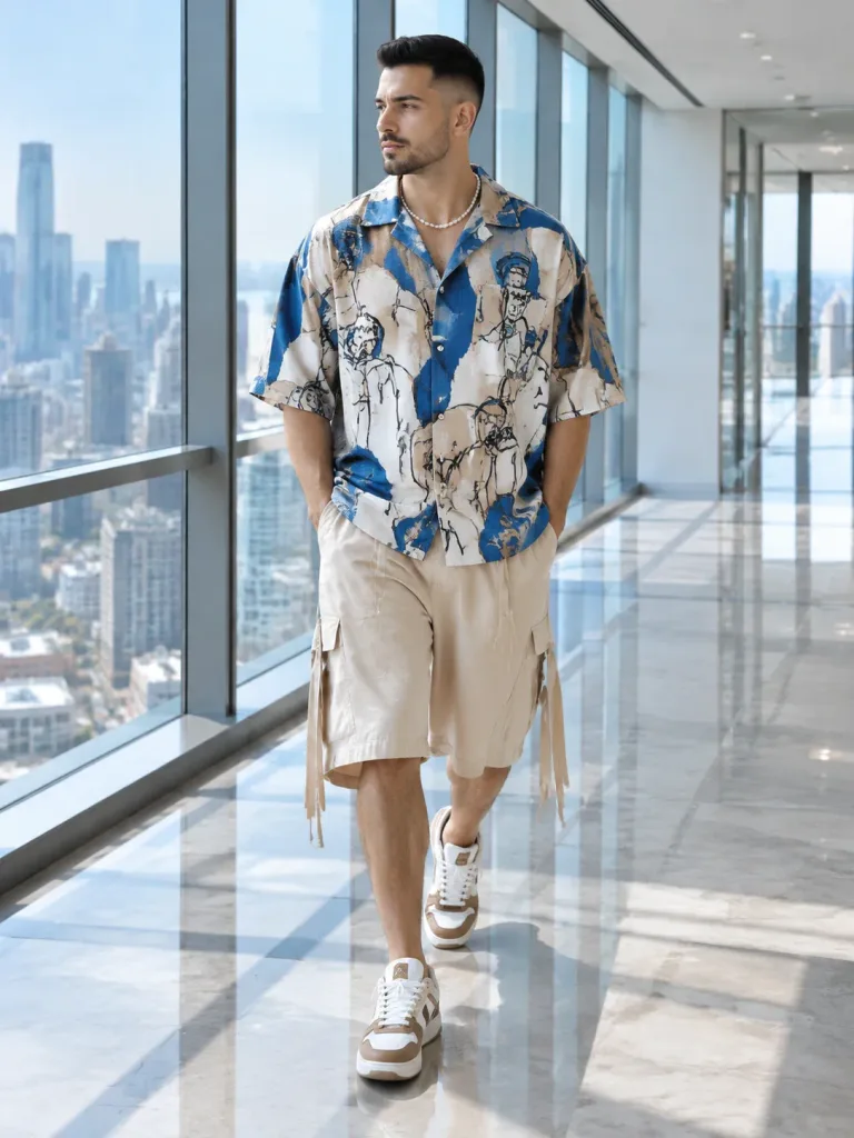 Editorial Streetwear Portrait in Glass Hallway