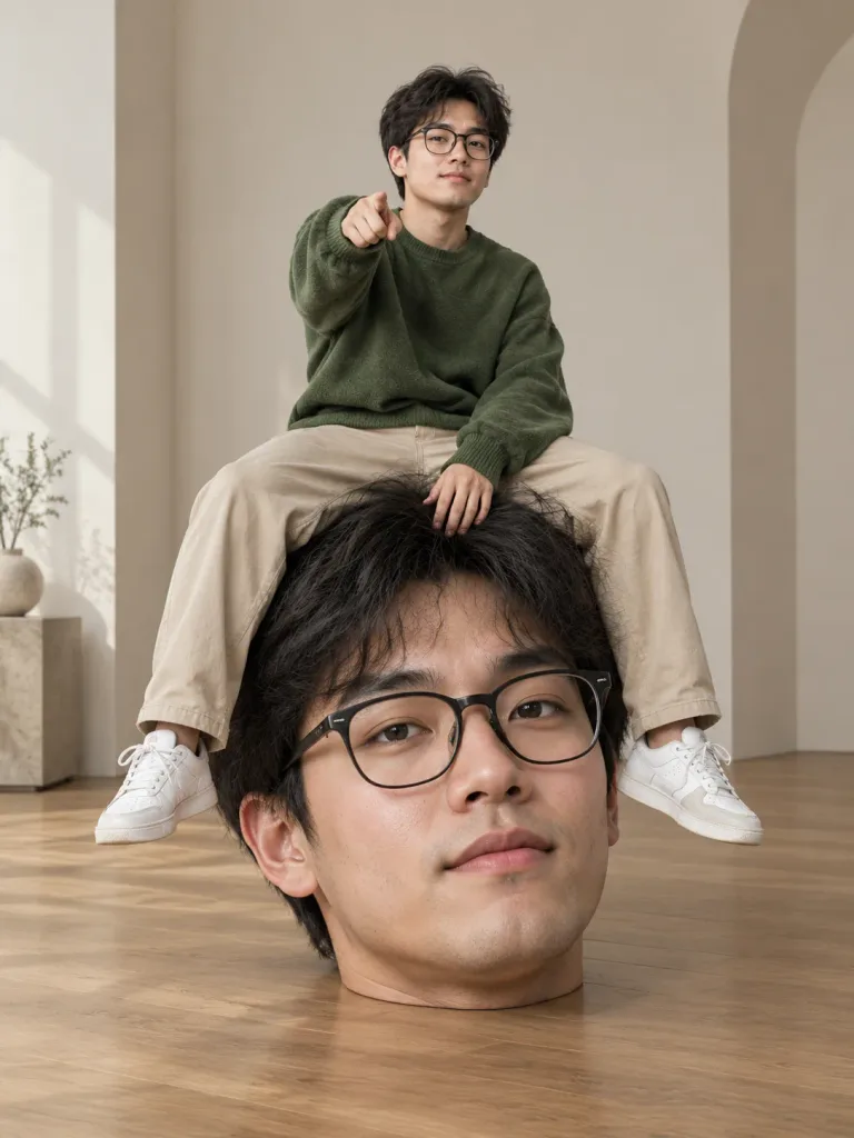 거대한 머리 위의 초현실적 인물 사진
