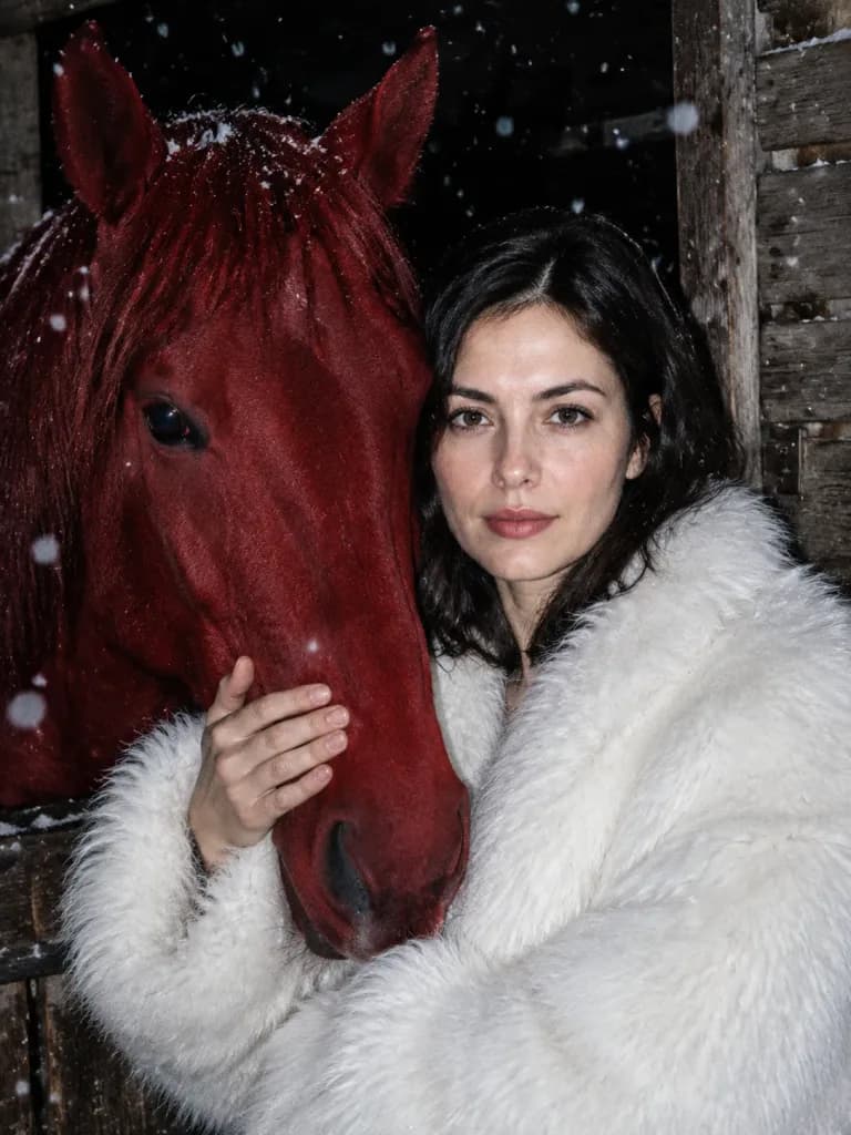 Woman in White Fur with Crimson Horse