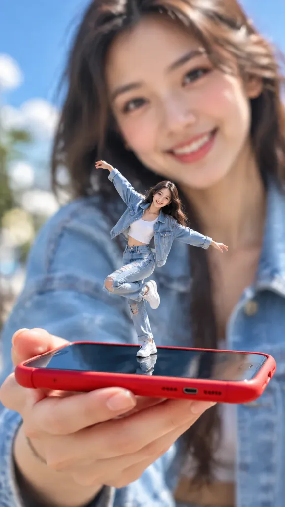 スマホ画面の上の踊るミニチュア分身