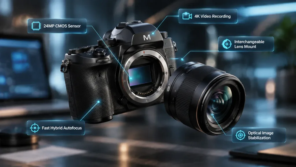 Floating DSLR Camera with Tech UI Annotations