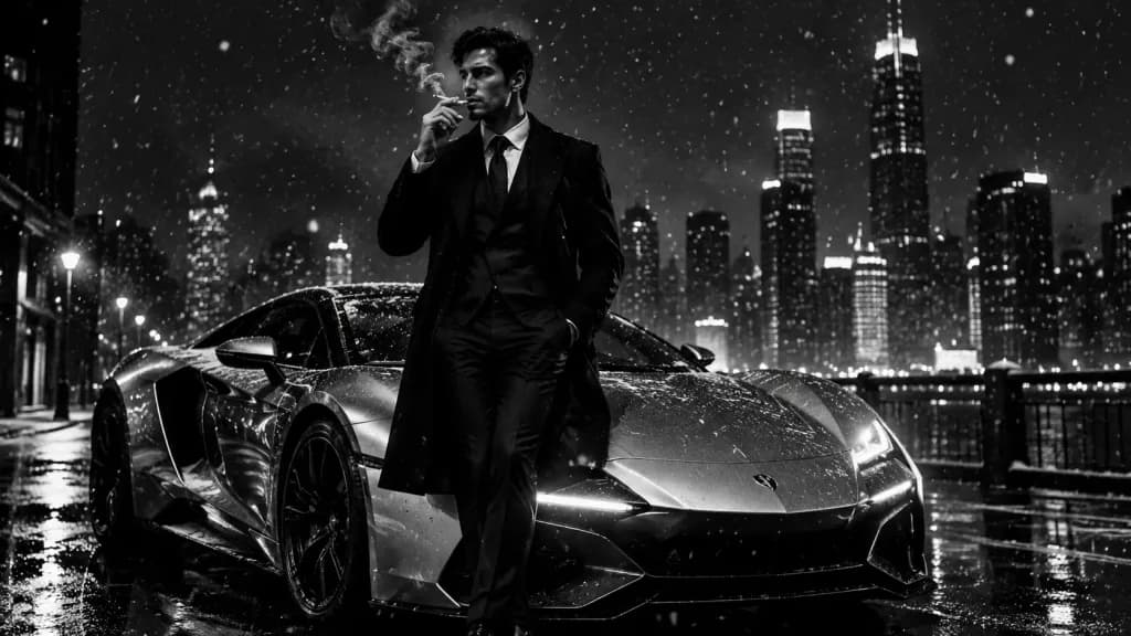 Cinematic Noir Man Beside Sports Car