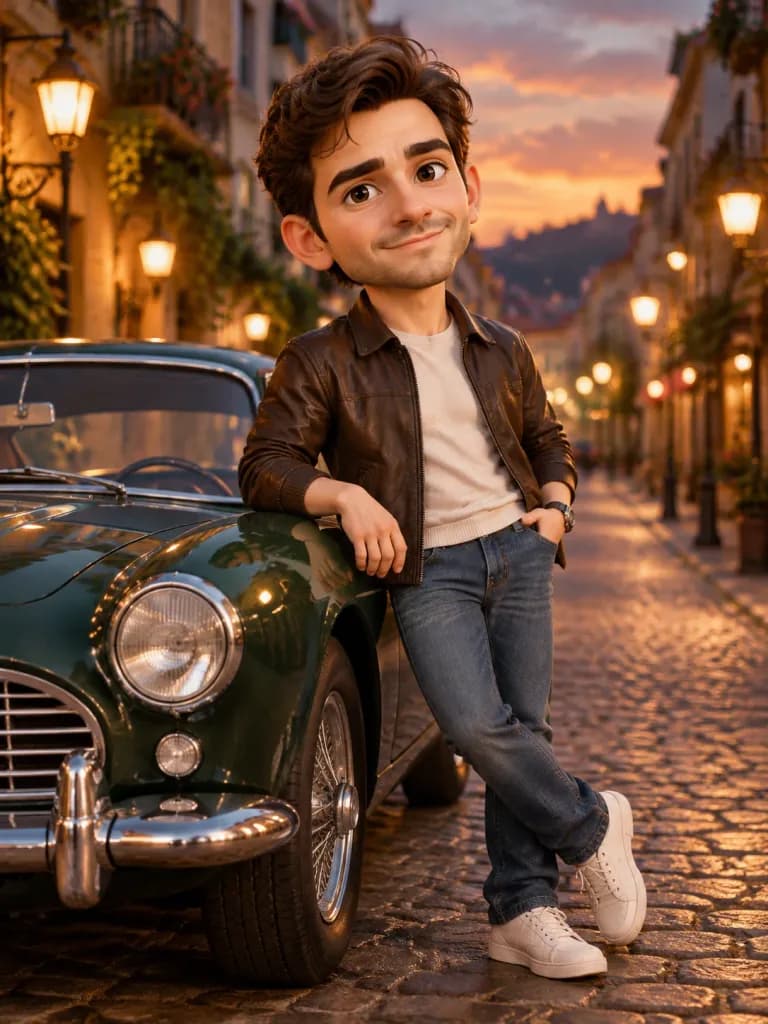 3D Cartoon Caricature with Vintage Car