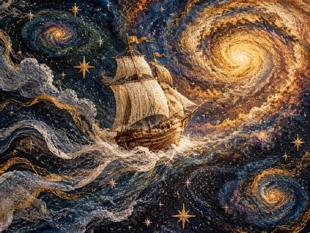 Embroidered Tapestry of Celestial Sailing Ship