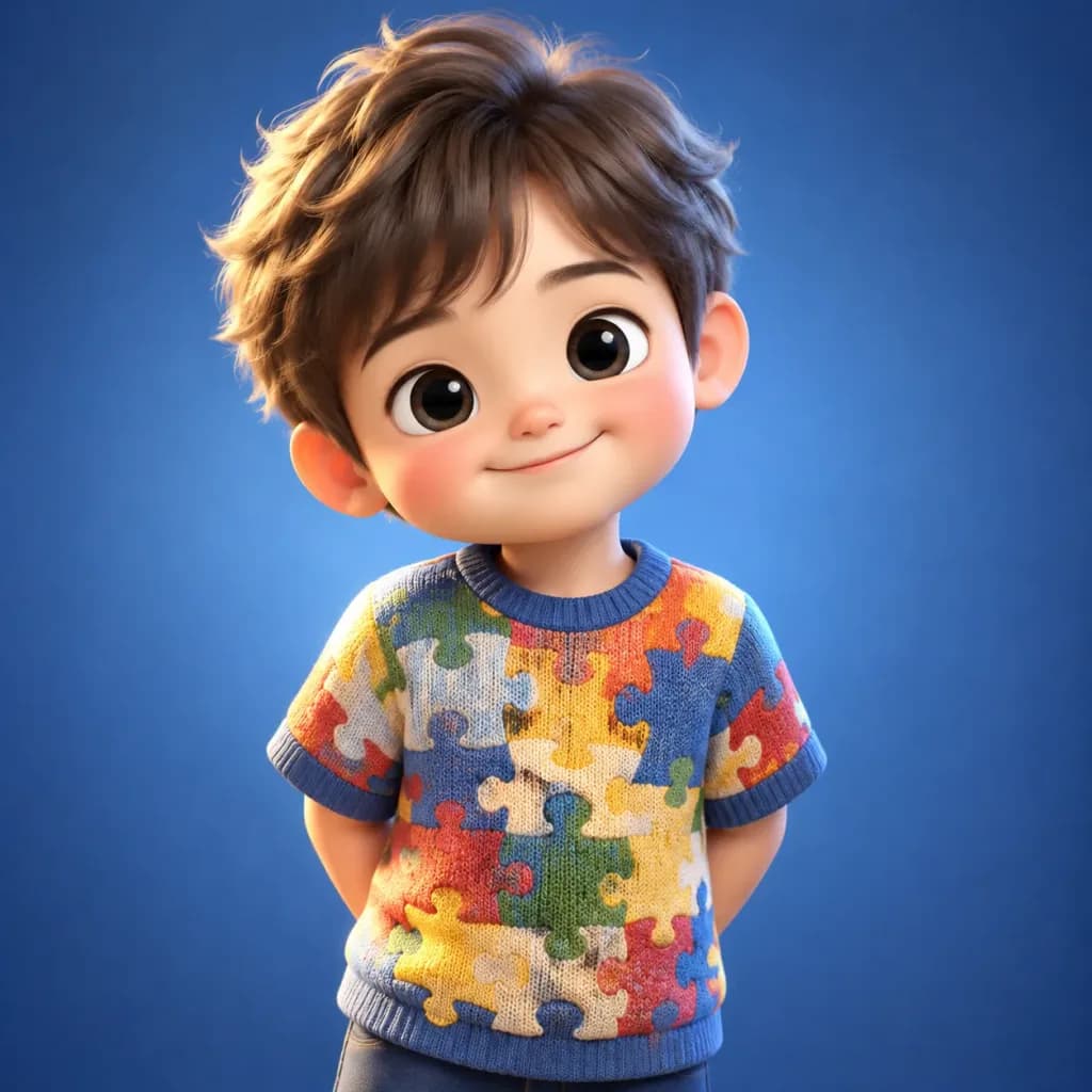 퍼즐 스웨터를 입은 3D 어린이 캐릭터