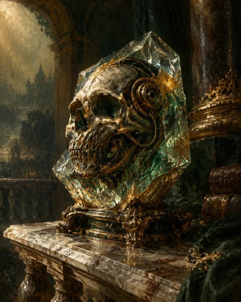 Chiaroscuro Oil Painting of Biomechanical Skull