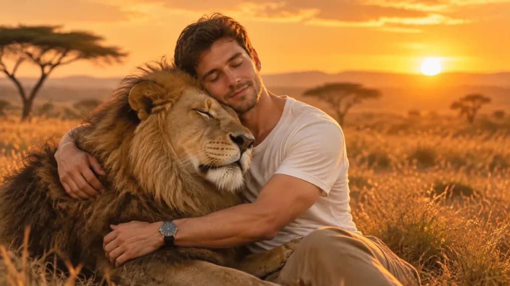 Hombre Abrazando a un León al Atardecer