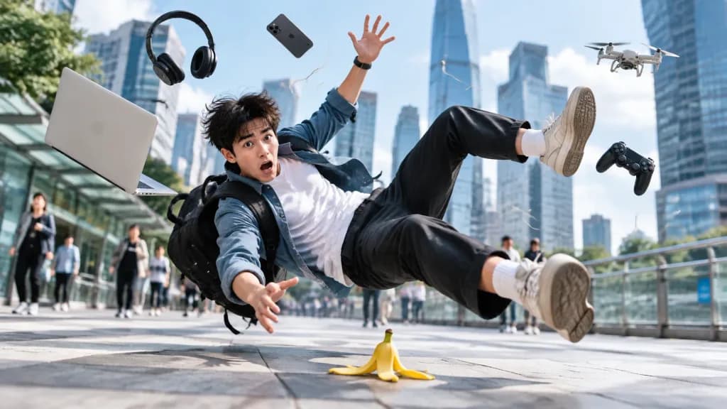 Man Slipping on Banana Peel Mid-Air