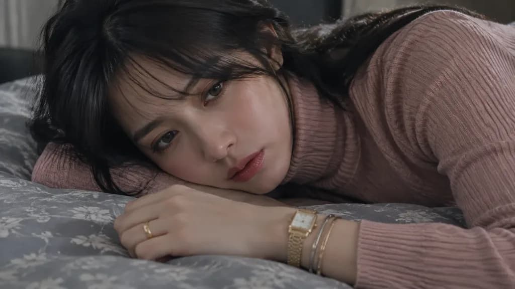 더스티 핑크 터틀넥을 입은 우수 어린 여성