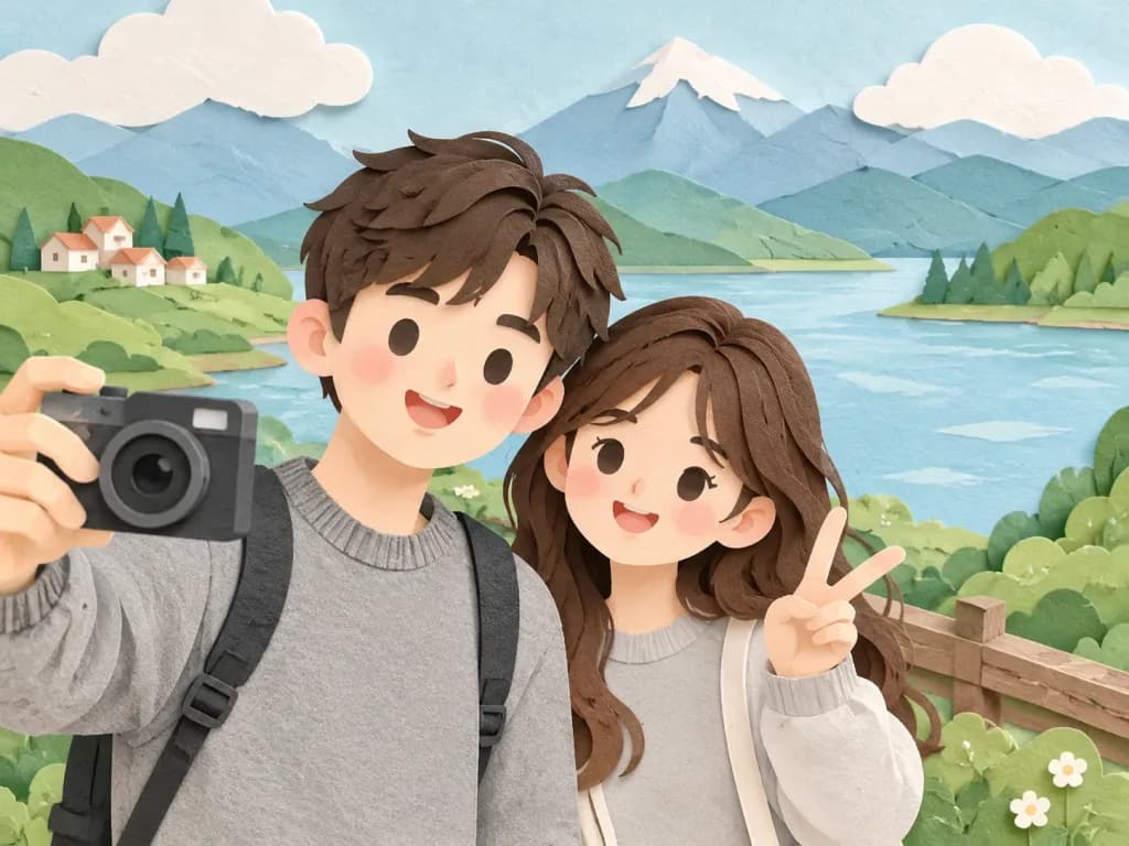 Paper Cut Style Couple Selfie Illustration