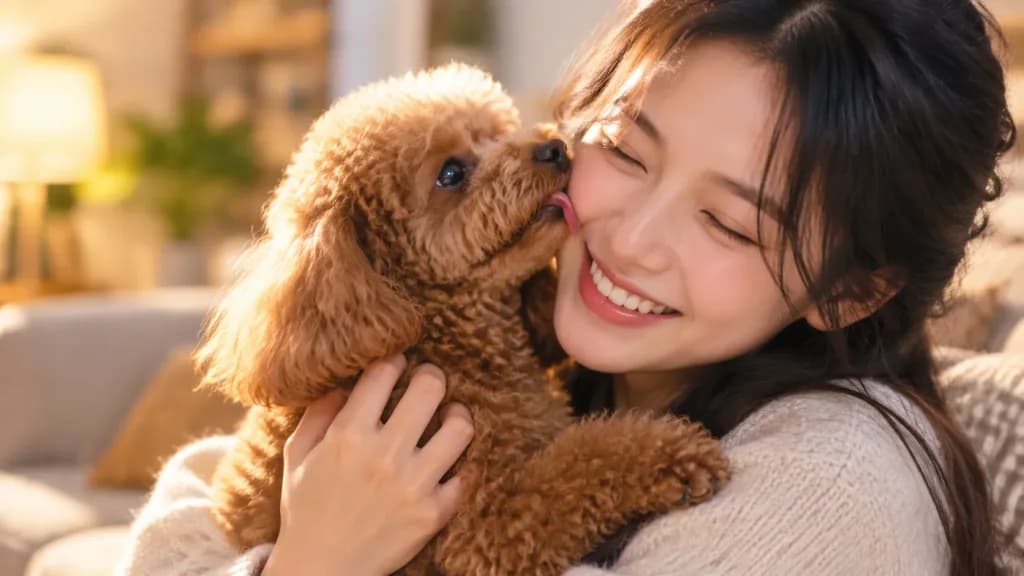 토이 푸들을 안고 있는 영화 같은 순간