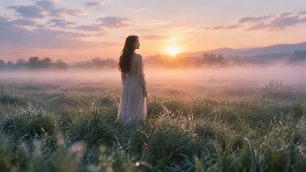 Girl in Dewy Meadow at Sunrise