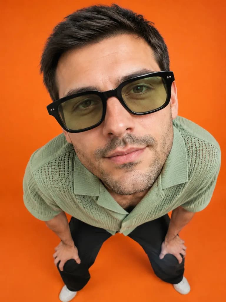 Fisheye Fashion Editorial on Orange Backdrop