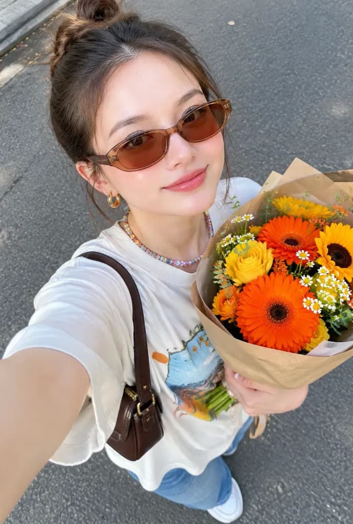 手捧鮮花的街頭自拍女孩