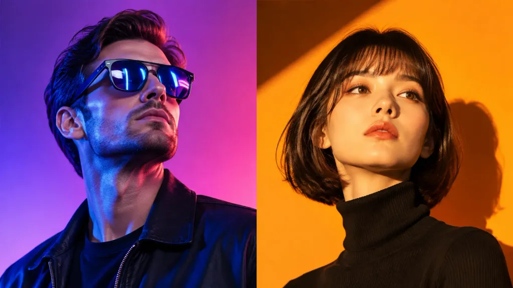 Neon- und Golden-Hour-Porträtdiptychon
