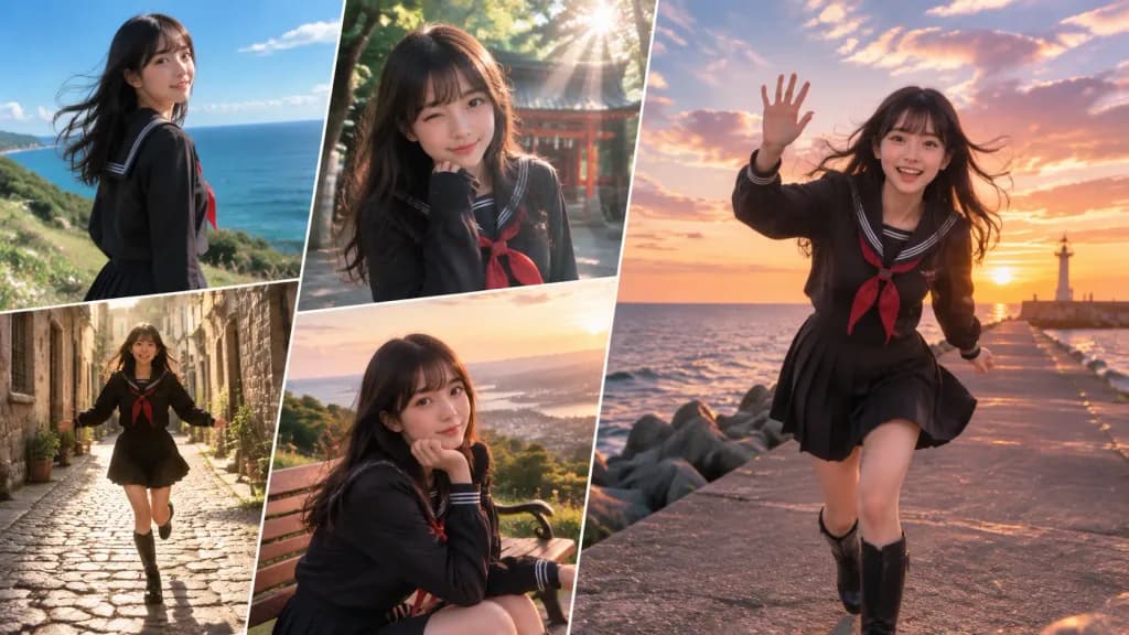 Sailor Uniform Girl at Sunset Breakwater