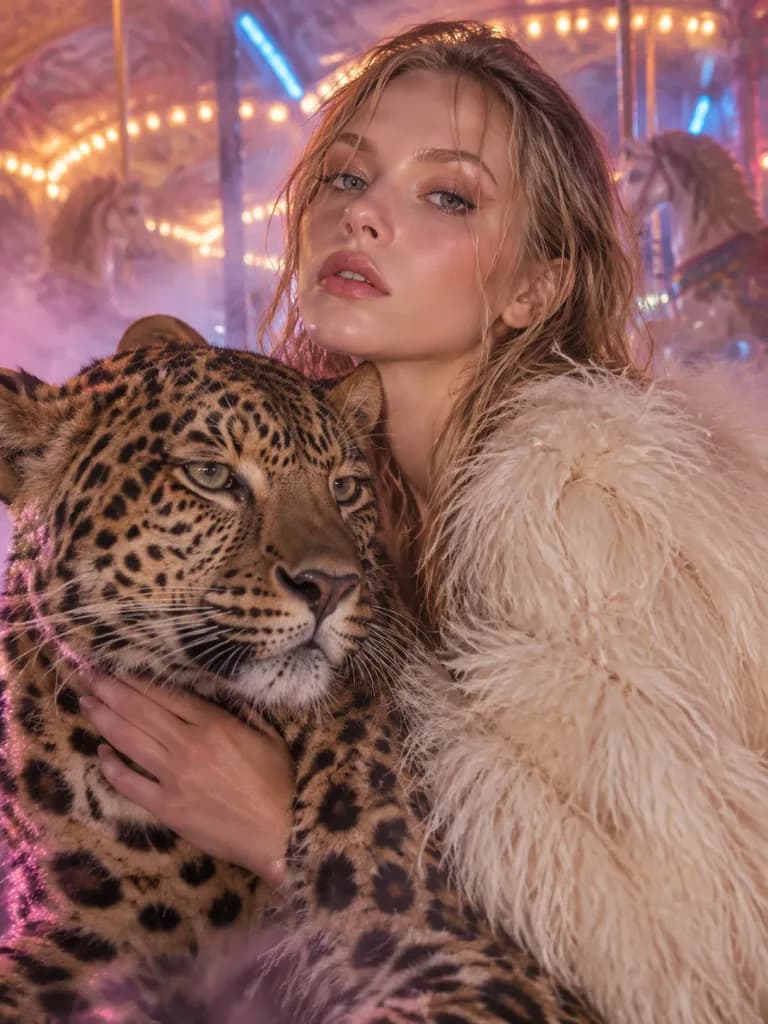 巨大なヒョウと佇む女性のシネマティックポートレート