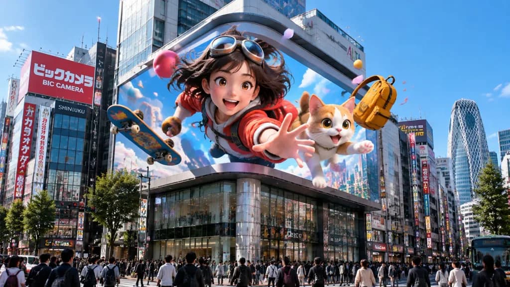 東京の巨大L字型3D屋外ビジョン