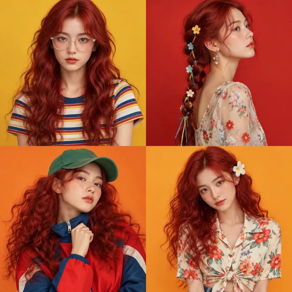 Фэшн-коллаж из четырех панелей с рыжеволосой моделью