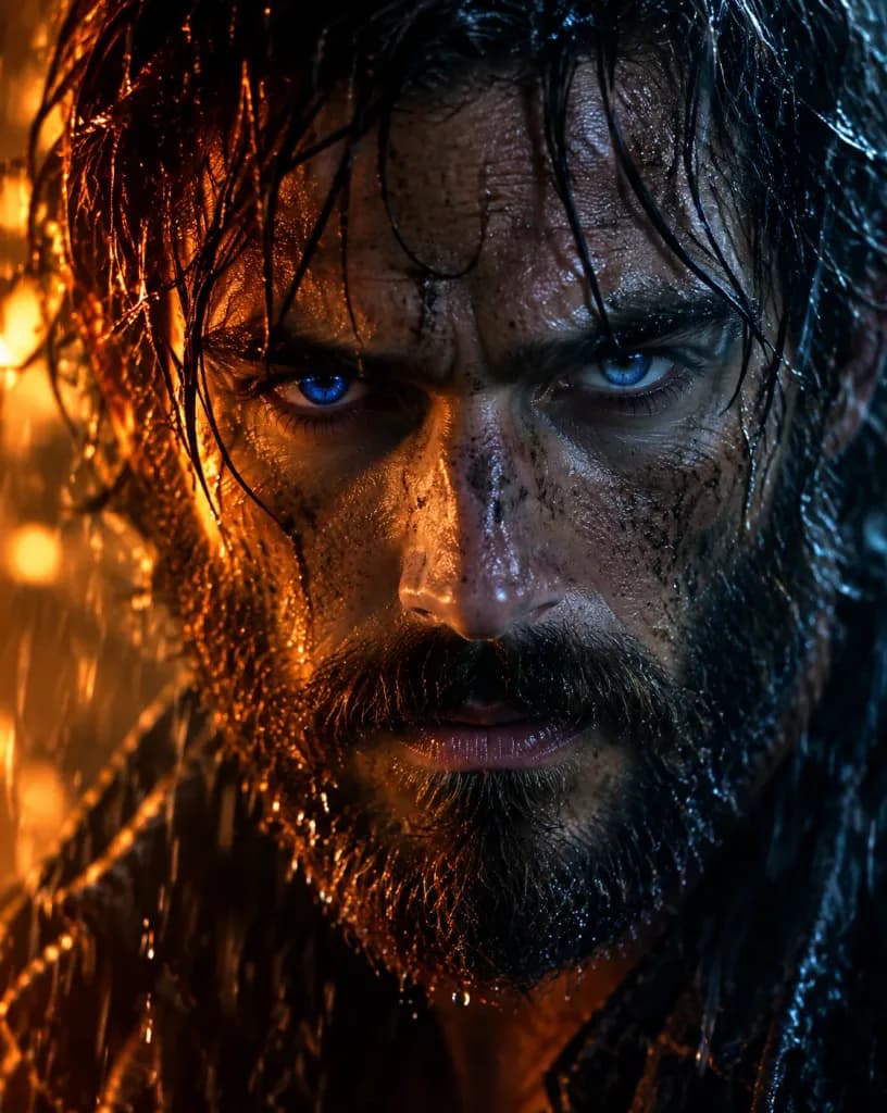 Rugged Rain Cinematic Close Up Portrait