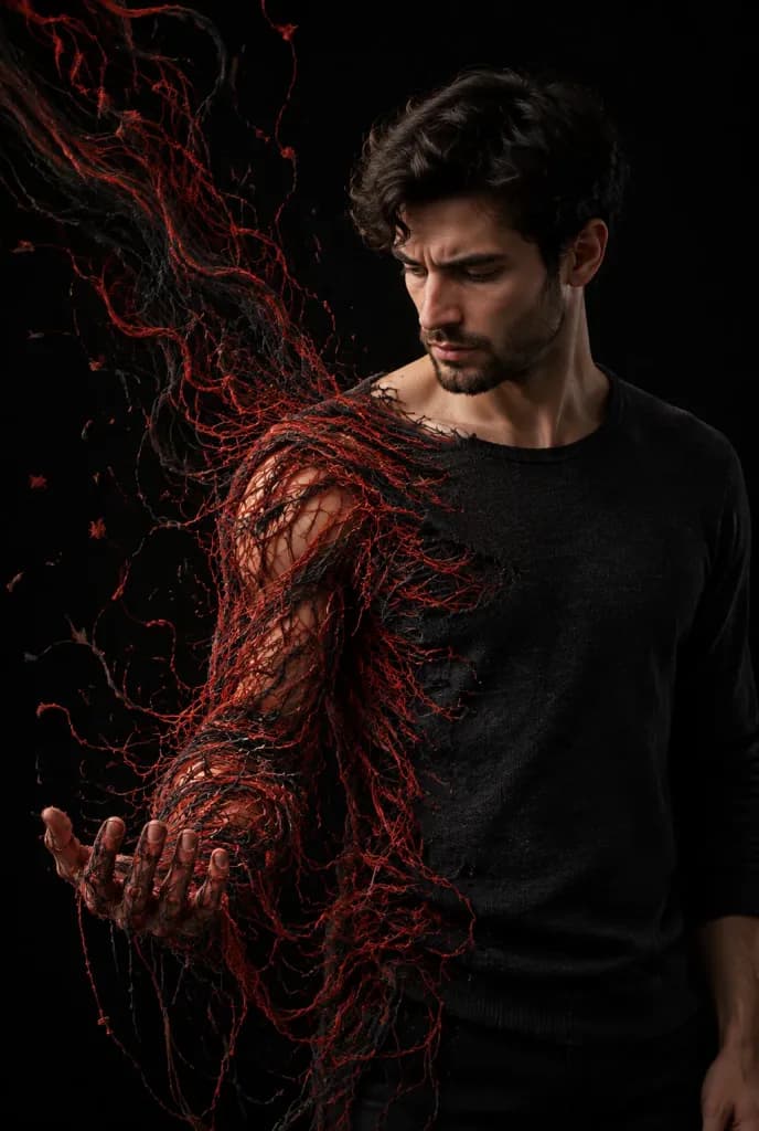 Man Unraveling into Floating Threads