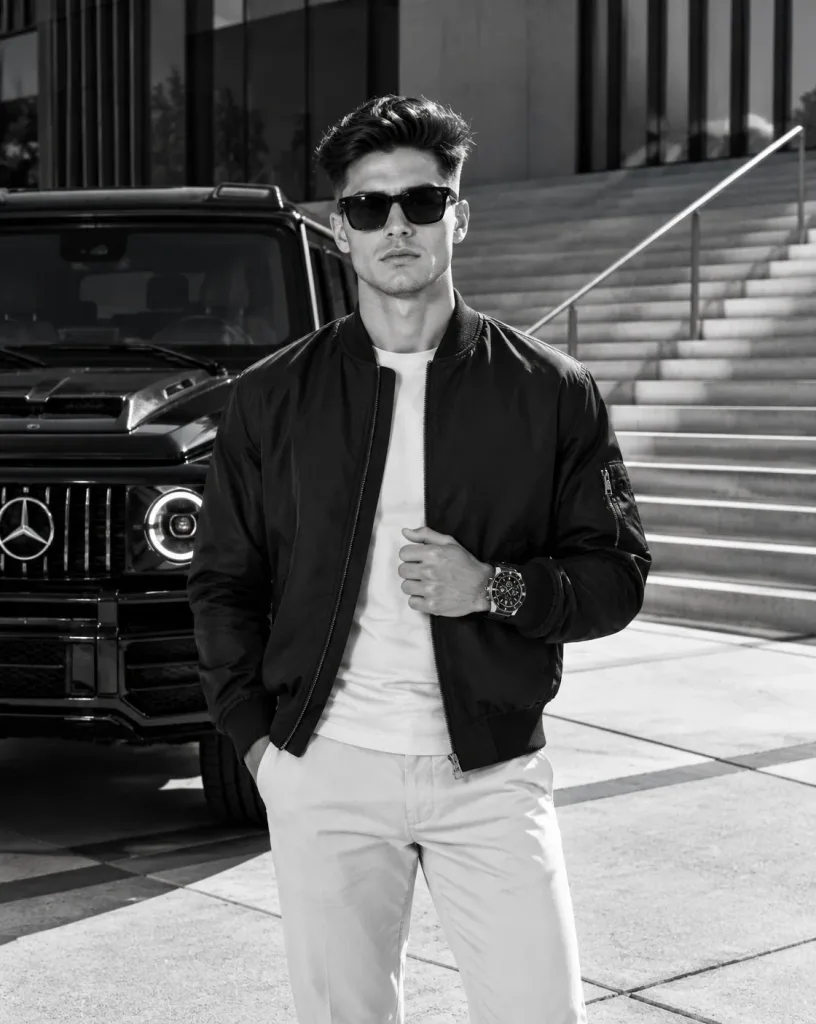 Monochrome Streetwear Portrait with Luxury SUV