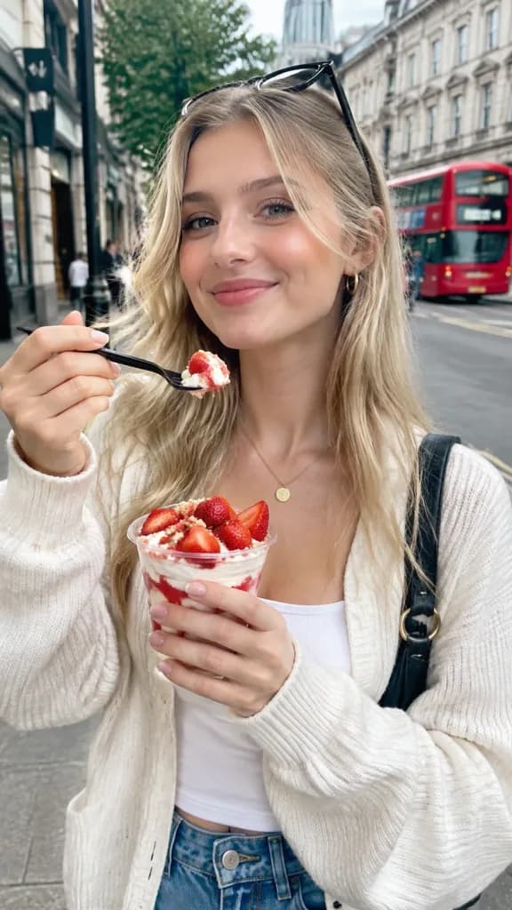 Candid Woman with Strawberry Dessert