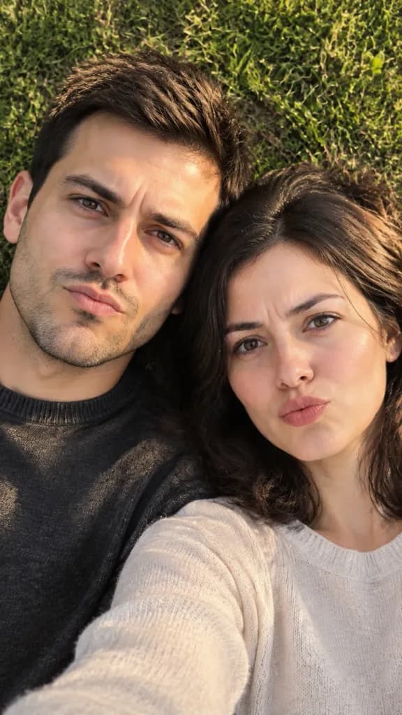 Golden Hour Grass Couple Selfie