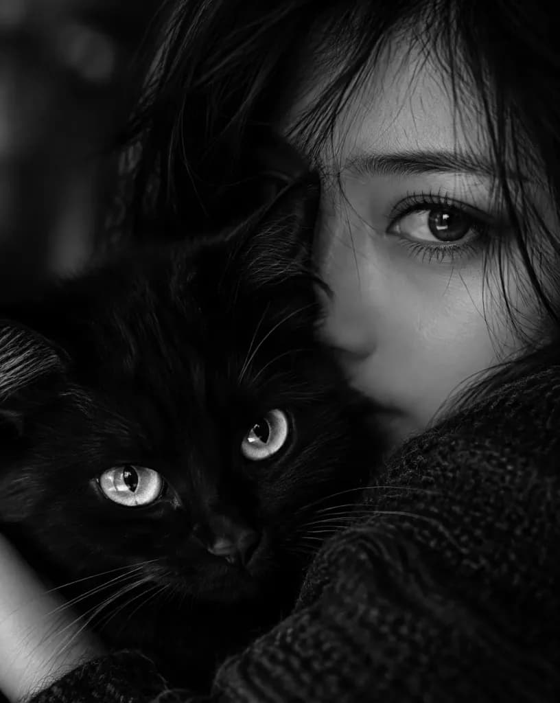 Moody Monochrome Portrait with Cat