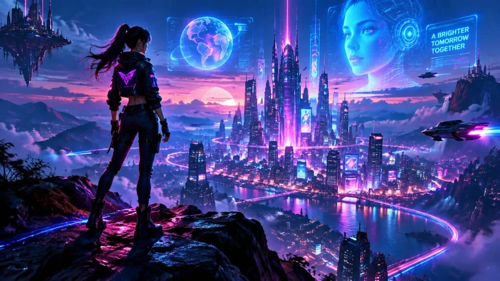 Fille cyberpunk au sommet d'une montagne