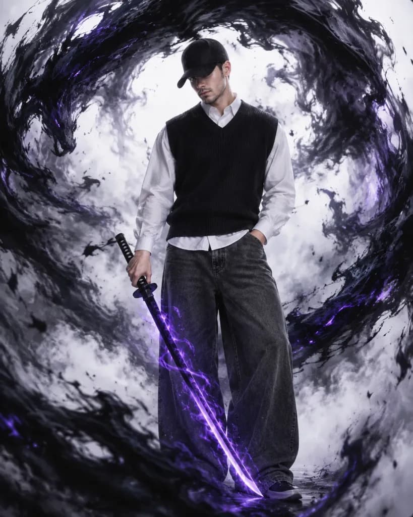 Stylish Warrior in Energy Vortex