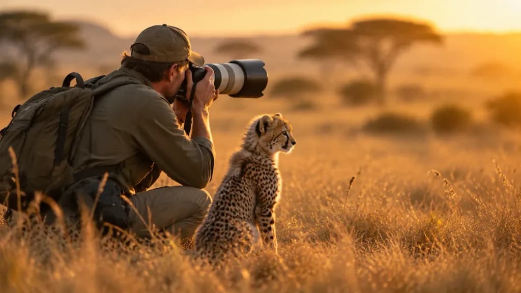 Photographer with Cheetah Cub on Savanna