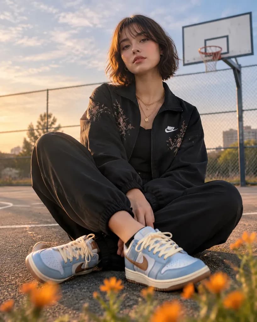 バスケットコートのゴールデンアワーポートレート