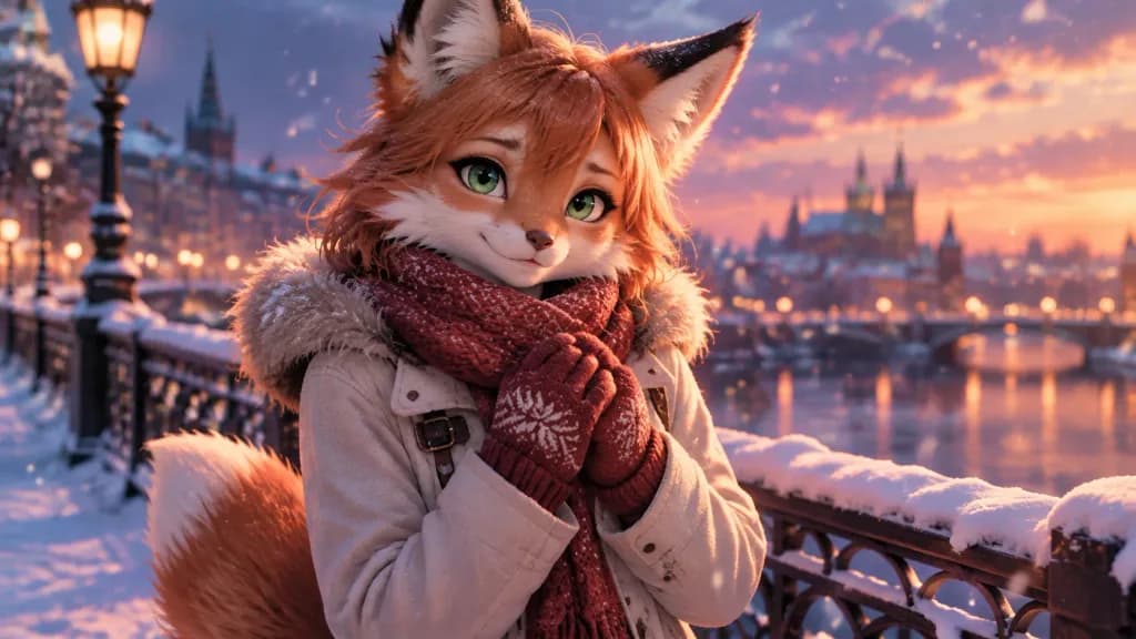 雪橋上的擬人化狐狸