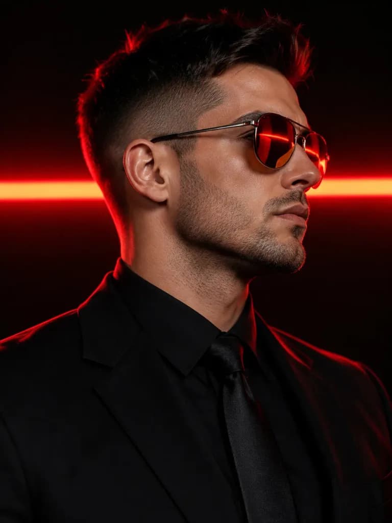 ネオンライトに照らされる黒スーツの男性