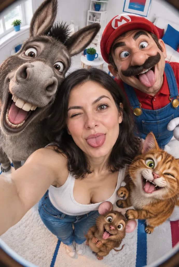 Fischaugen-Selfie mit Zeichentrickfiguren
