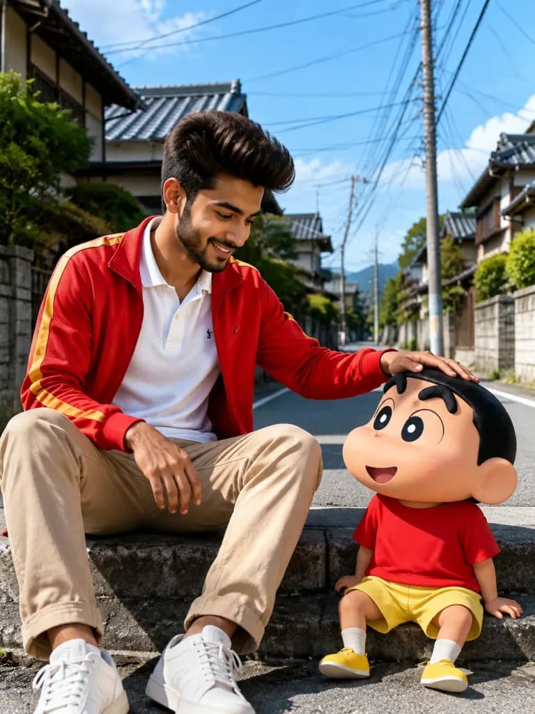 Homme avec Shin-chan 3D dans une Rue Japonaise