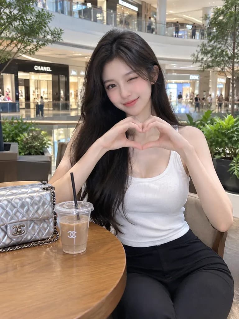 Woman Making Heart Gesture in Shopping Mall