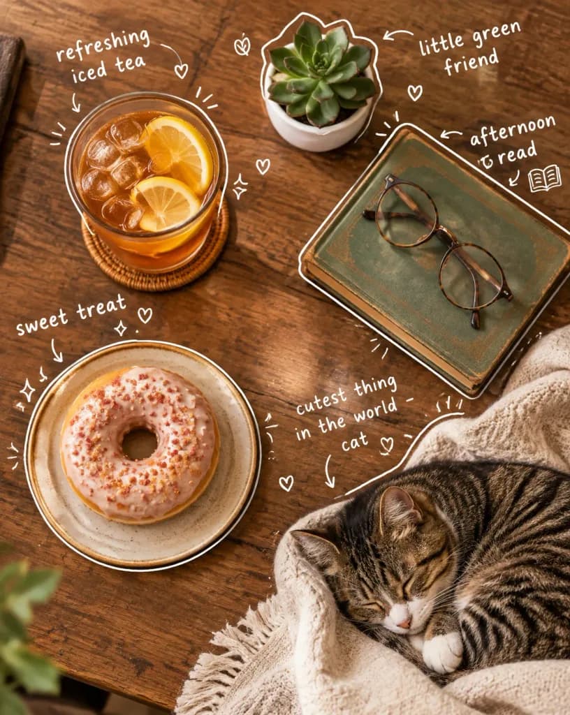 Flat Lay Meja Estetik dengan Coretan Doodle